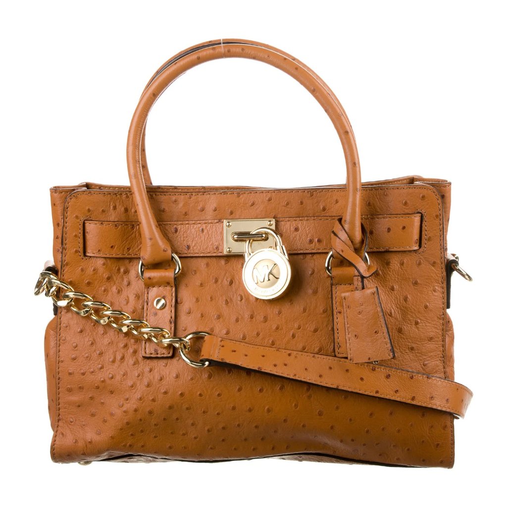 Euc Michael Kors Hamilton Orange Ostrich Leather Satchel Tote 2 Way Bag